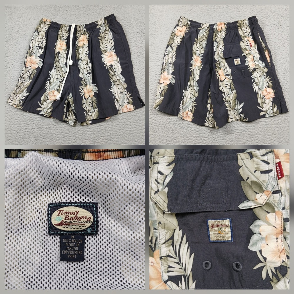 Tommy Bahama Swim Trunks Mens M Black Floral Hibiscus Tropical Board‎ Shorts